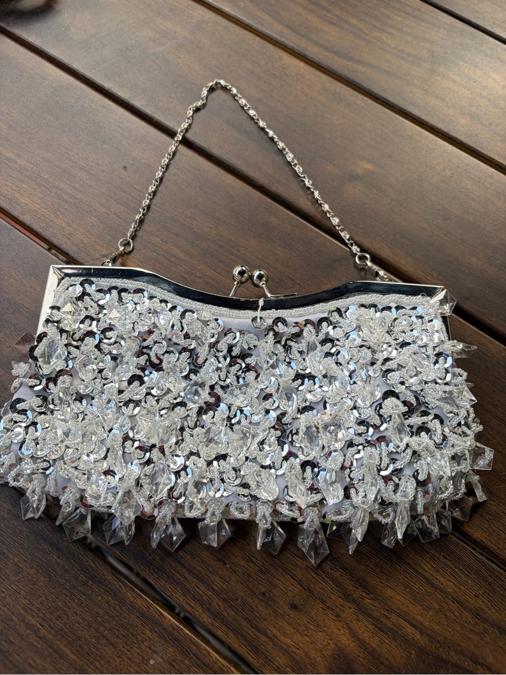Silver Crystal Sequin Evening Clutch with Chain